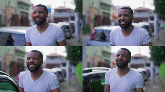 一个快乐的巴西黑人走在街道的人行道上，特写的脸在跟踪镜头的动作。人自信地向前走，真正的人