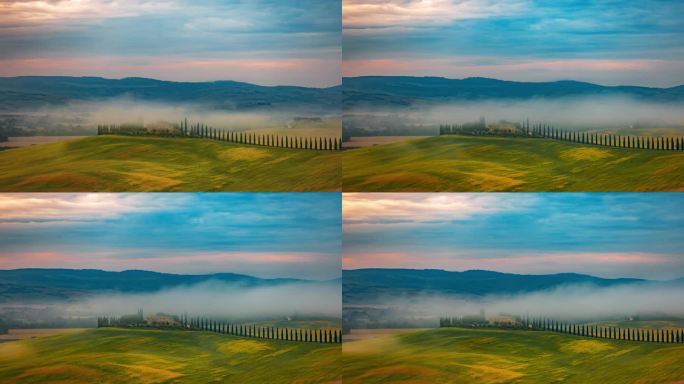 时间流逝，空灵的雾幕在田园诗般的乡村风景上移动