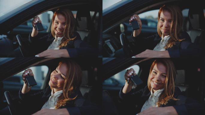 画像中快乐的女人拿着车钥匙站在新车窗口