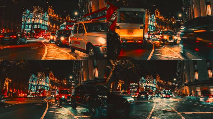 伦敦市的光速夜景车流金融中心CBD灯火灯