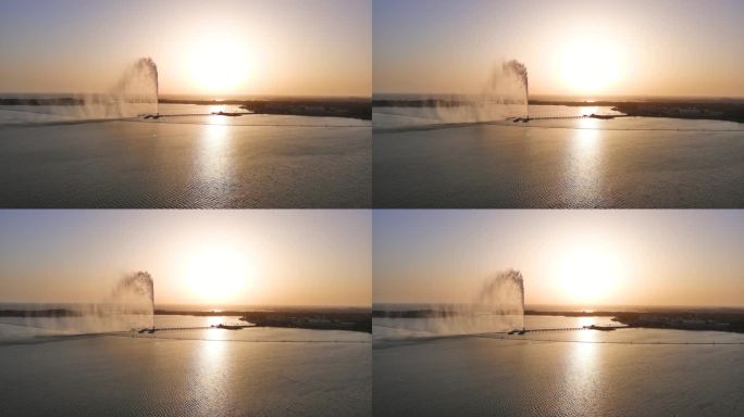 吉达，沙特阿拉伯:俯瞰海滨城市和度假小镇，著名的法赫德国王喷泉，日落的红海，俯瞰阿拉伯半岛全景