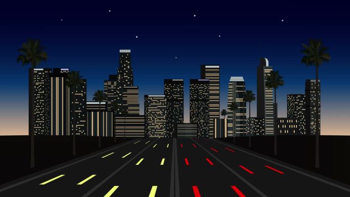 现代都市动画背景。夜晚的城市天际线。