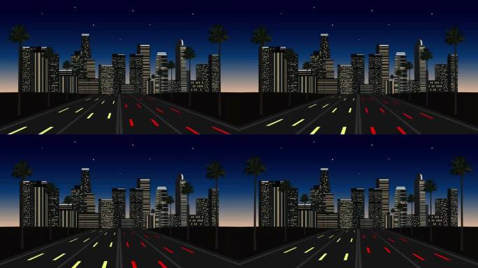 现代都市动画背景。夜晚的城市天际线。