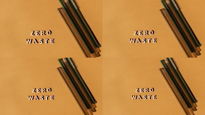 可重复使用的玻璃吸管，米色中性背景，上面写着“零浪费”环保吸管，配有清洁刷，可重复使用的舒适圆头吸管