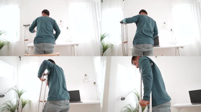 图为一名亚洲男性在事故发生后在家工作，做物理治疗，在家里练习拄着拐杖慢慢走路。治疗后康复，保健。身体