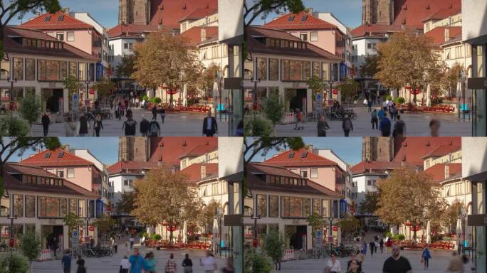 阳光明媚的日子斯图加特市中心拥挤的广场全景4k延时拍摄德国