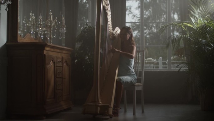 年轻的女竖琴手在复古风格的公寓里演奏乐器