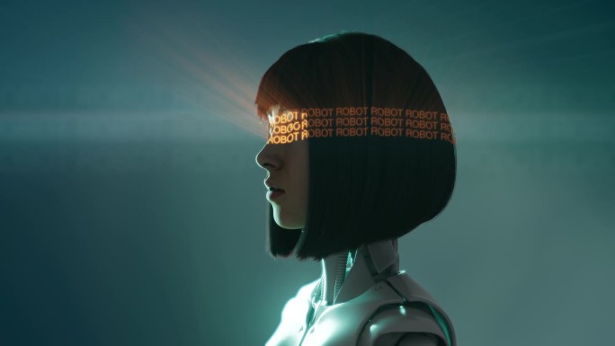 “机器人”的霓虹灯标志在半机械人女孩的眼前在空中移动
