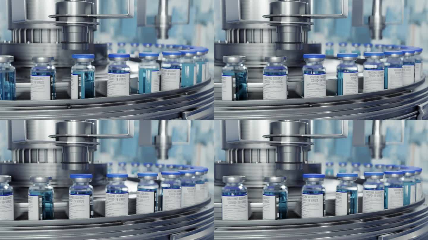 3d渲染包装瓶SARS-COV-2 COVID-19冠状病毒疫苗在实验室批量生产，机器将瓶盖放在安瓿
