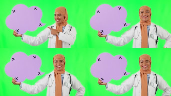 一名穆斯林妇女、一名医生和一根手指在绿色屏幕上说话，背景是摄影棚。女性医疗或保健专业人士的肖像指向社
