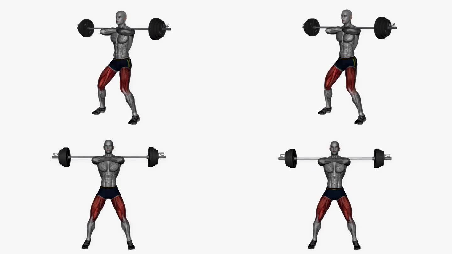 前蹲杠铃健身运动锻炼动画男性肌肉突出演示4K分辨率60 fps