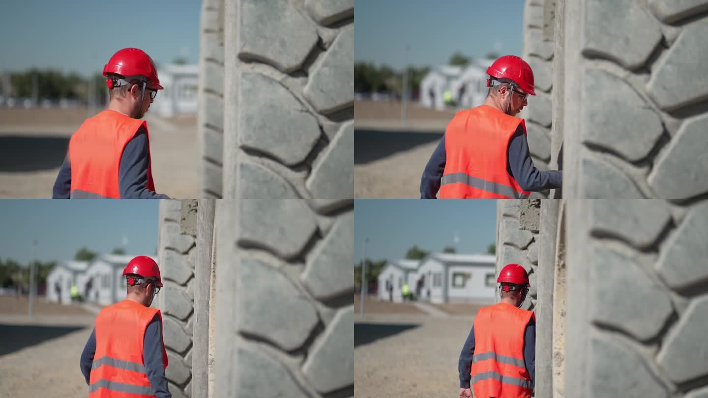 工程师在每天从露天矿运矿前检查自卸车轮胎质量，慢动作