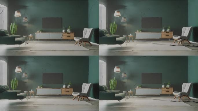 高达4K分辨率，绿色色调的现代客厅