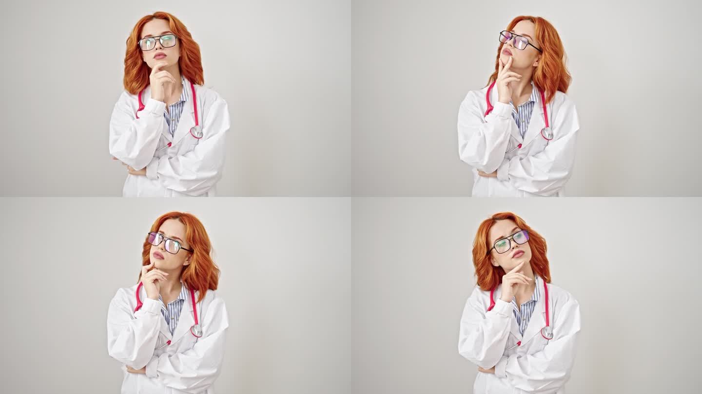 年轻的红发女医生带着疑惑的表情站在孤立的白色背景上思考