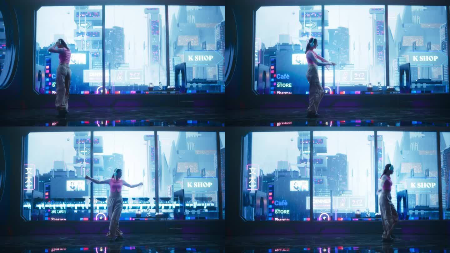 一个时尚的女舞者穿着舒适的街头服装在霓虹灯的未来控制论太空城的窗前跳舞的电影镜头。赛博朋克未来中的年