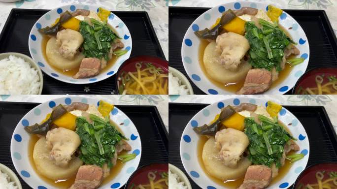 日本冲绳:冲绳传统美食“Nitsuke(肉、豆腐和蔬菜等，用甜酱油炖或煮)”。