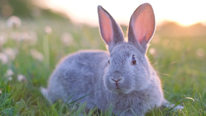 一只家兔走过花园的草地。动物世界。兔子的爱人。