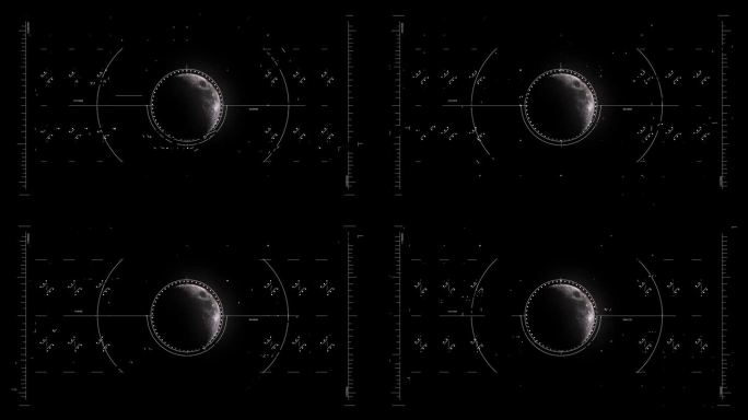 未来Hud显示扫描和分析半月卫星周围的数据。动态图形的网络和科幻技术概念