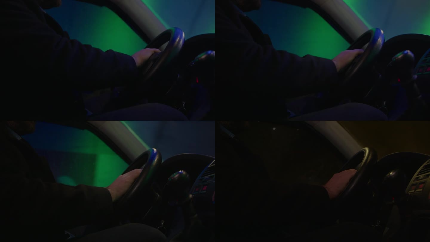 一个自信的男性司机在隧道道路上精确控制驾驶汽车的特写