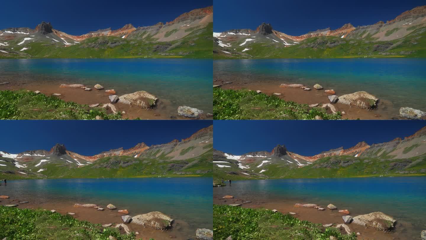 科罗拉多冰湖盆地小径低令人难以置信的明亮的蓝色高山清澈的水夏天蓝天落基山雪山山峰西尔弗顿特柳赖德梦幻