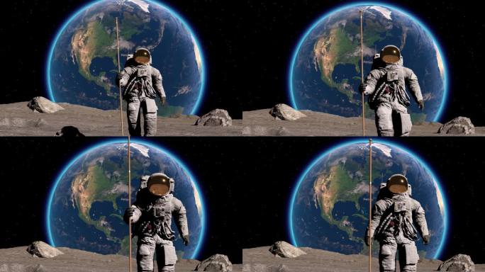 月球宇航员手持旗帜在月球上行走，在月球表面放置旗杆，并敬礼。你可以跟踪和添加你的旗帜与你的标志。