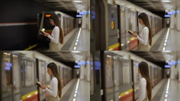 地铁进站时，一位年轻漂亮的长发女子站在地铁站看书，合上书进了车。