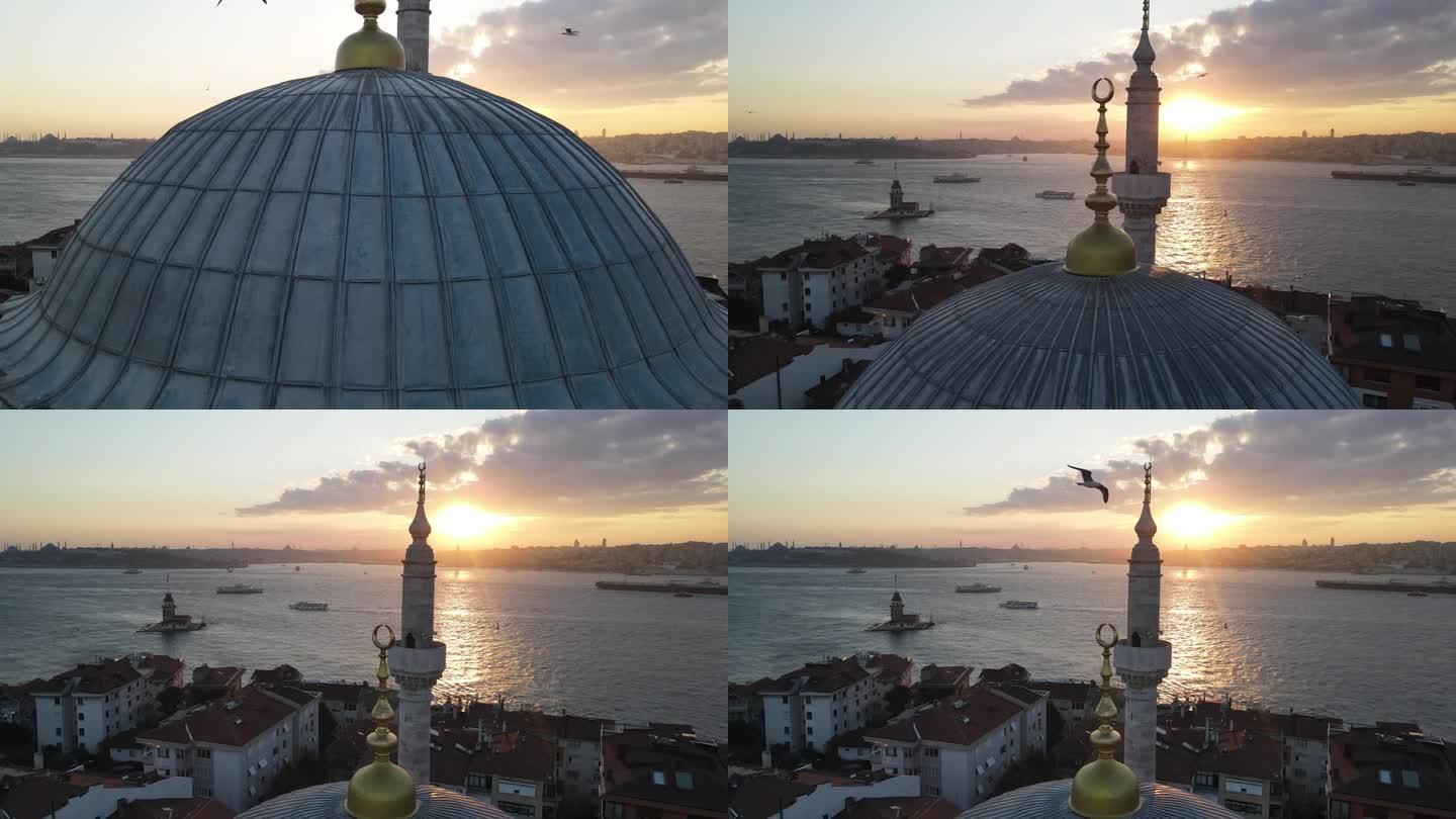 日落视频中的阿亚兹玛清真寺和新少女塔(Kiz Kulesi)，伊斯坦布尔，土耳其