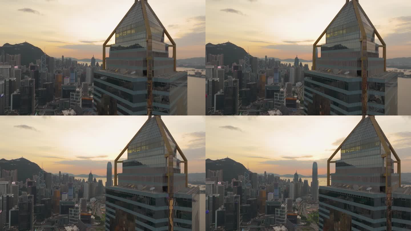 香港城市鸟瞰图及日落。