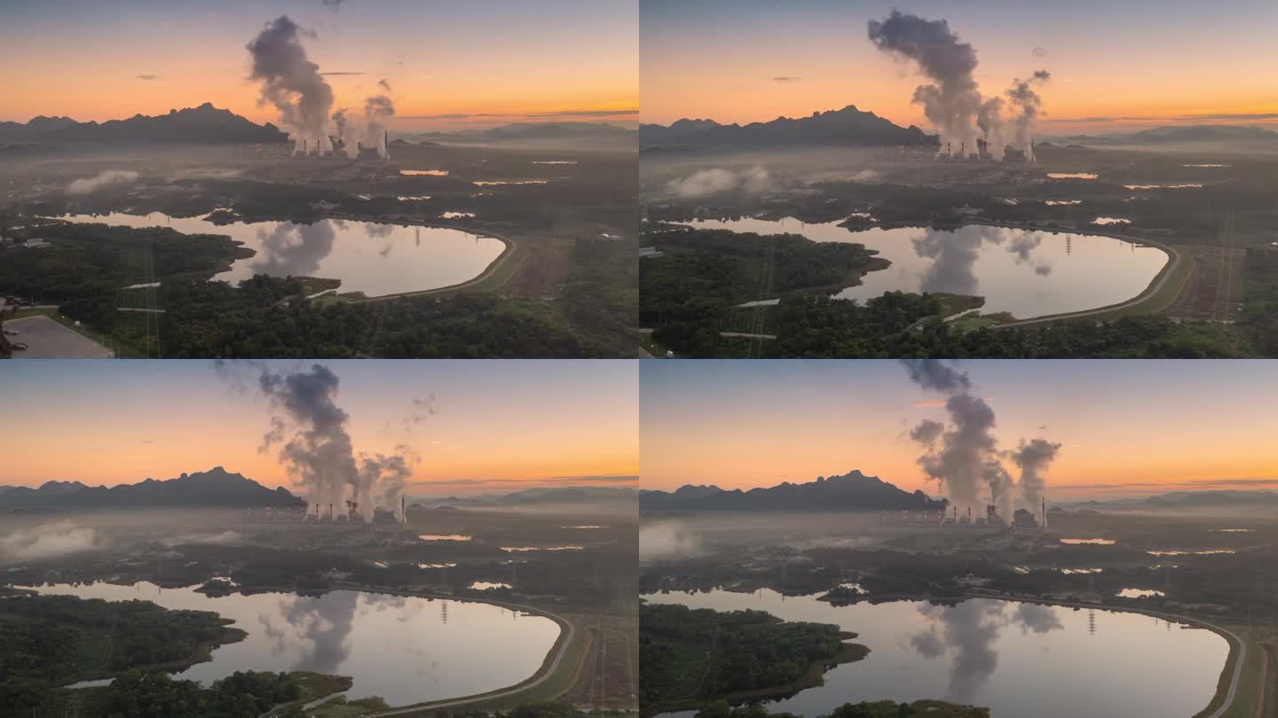 泰国南邦Mae Moh褐煤电厂美丽的晨景，背景是雾，工业白色蒸汽从冷却和塔管，概念工业环境