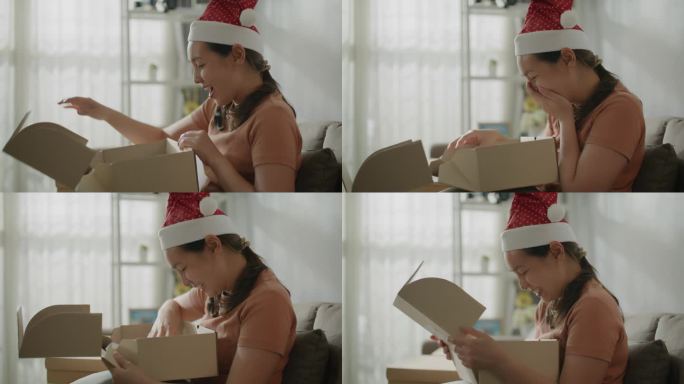 圣诞节当天，女士在家收到网购包裹