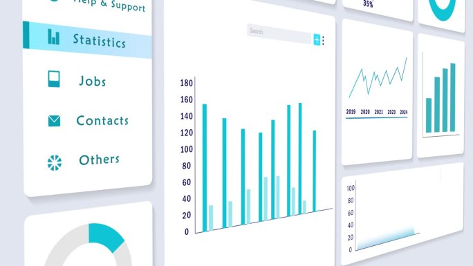 商业网站仪表板的非对称UI界面，显示图形，图表和统计数据。管理统计网页与数据可视化和分析。3D动画