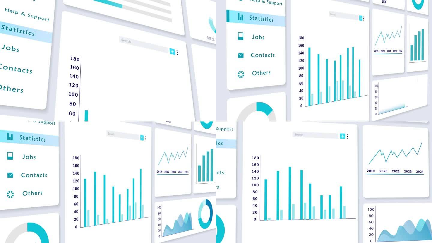 商业网站仪表板的非对称UI界面，显示图形，图表和统计数据。管理统计网页与数据可视化和分析。3D动画