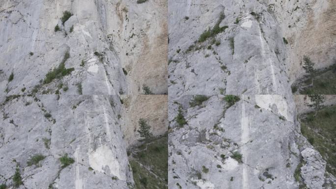 鸟瞰悬崖上用于攀岩训练的绳索，法国费拉塔大道。- - -下
