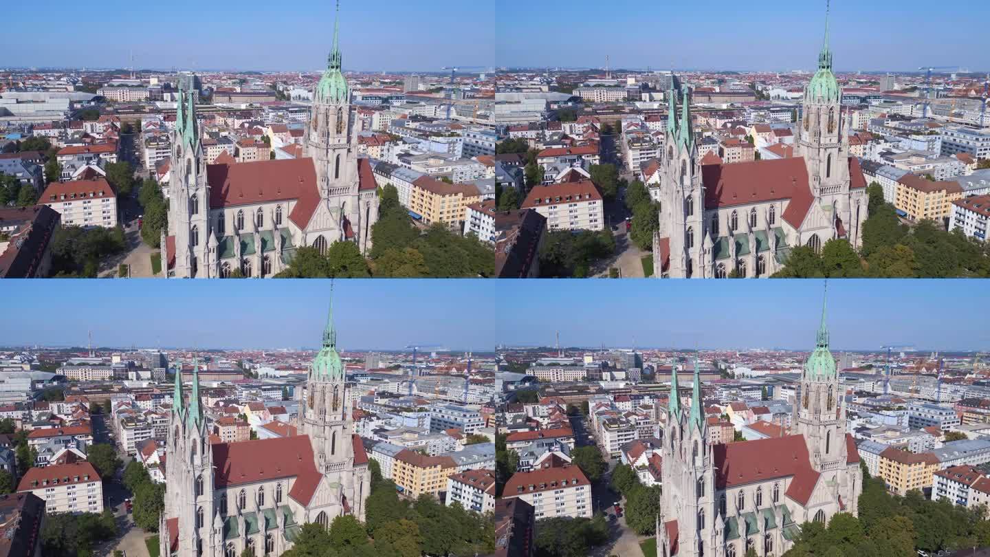 完美的空中俯瞰飞行
2023年晴朗晴朗的天空，德国巴伐利亚小镇慕尼黑的保罗教堂。宽轨道概览无人机
4