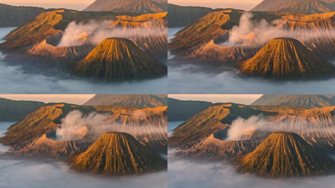4k延时电影日出场景移动的云，雾和烟雾的喷发覆盖火山mt . Bromo, sememeru, Ba