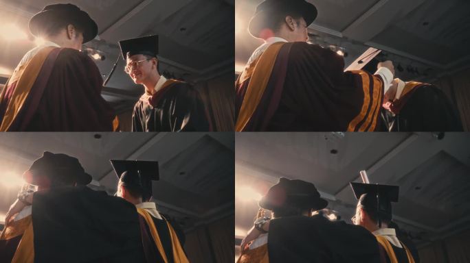 在毕业典礼上，亚洲院长在舞台上为大学生表演转流苏
