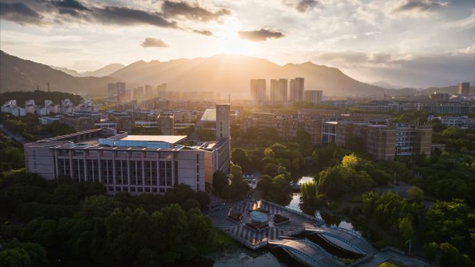 福州大学图书馆日落航拍空镜宣传片