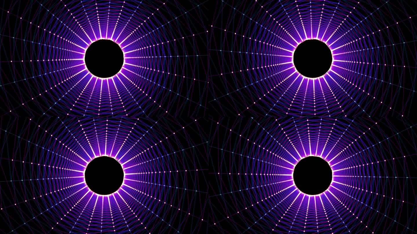 4K抽象蓝色和紫色螺旋传送。穿越虫洞漩涡隧道。中心的发光球体被编织的网包围着。艺术网络空间中的催眠运