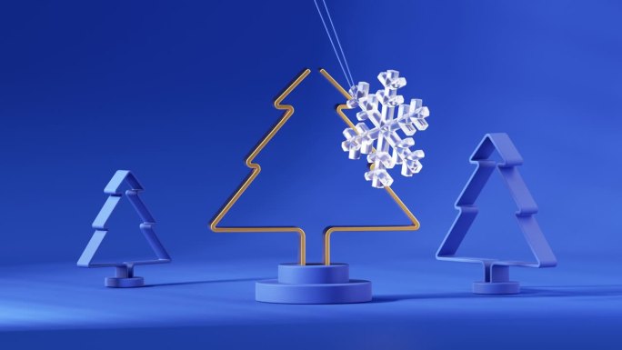 循环4K动画，无尽的圣诞场景，节日旋转冷杉树摆孤立在蓝色背景。无缝运动设计。三维渲染实时图像