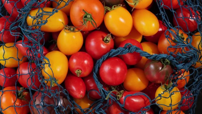 蔬菜成生态绳袋旋转背景。可重复使用的纺织品零废物网袋，黄红色的西红柿