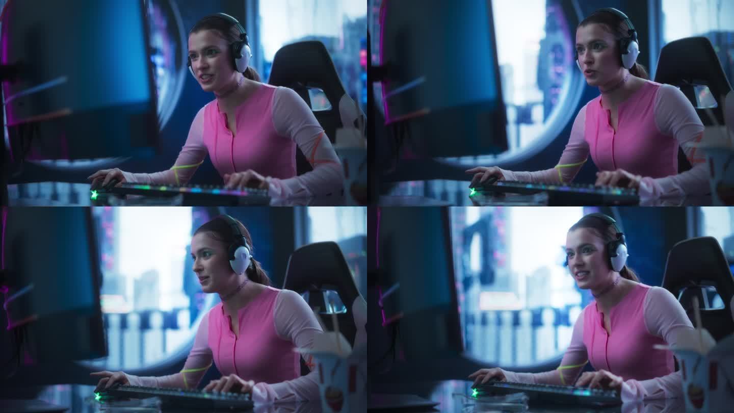 时尚的年轻女子在科技先进的房间里用台式电脑玩电子游戏，背景是未来的赛博朋克城市。科幻技术和游戏竞赛概