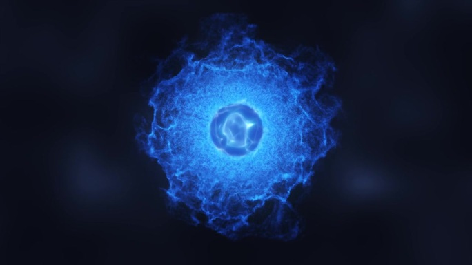 抽象能量蓝球原子与电子飞行发光粒子和魔法场，科学未来的高科技背景