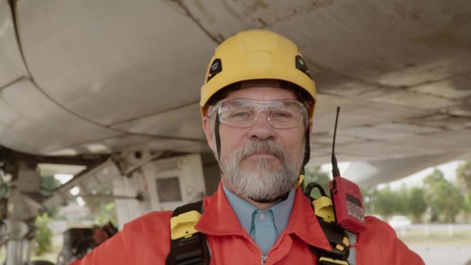 一名男工程师在飞机上维修飞机，看着镜头。