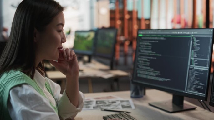 亚洲女性游戏程序员在游戏开发工作室的桌面电脑上编程。专注的女性编写代码行，为可玩角色3D RPG电子