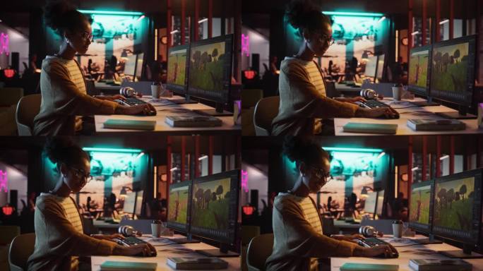 女性电子游戏设计师在Creative Office的桌面电脑上制作新3D关卡的肖像。黑人女性创造虚拟