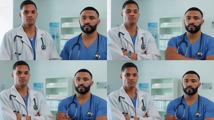 医疗团队，肖像和男子作为医生和护士进行保健、医药和健康保险。男职工在医院进行协作、专业护理和