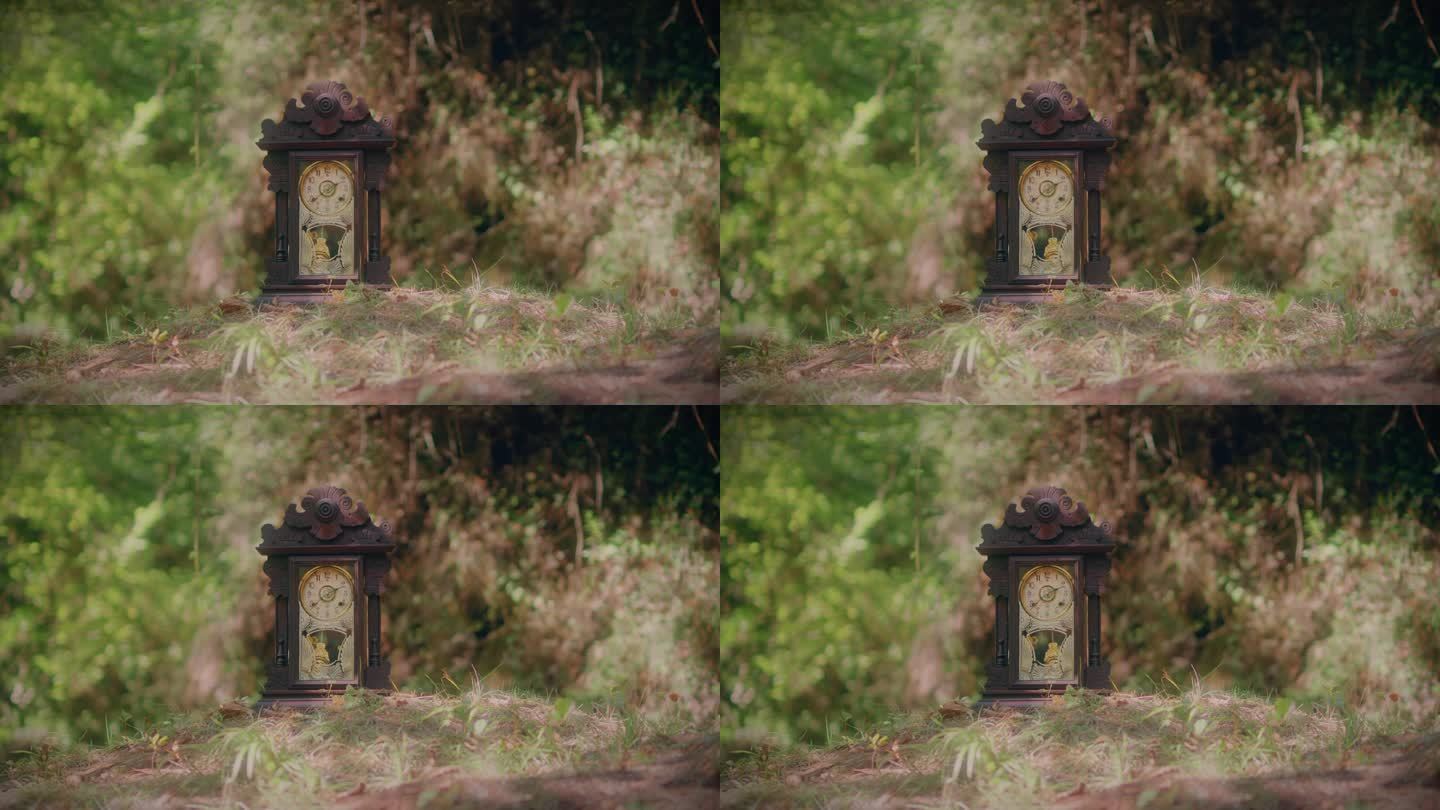 古色古香的木质钟摆在森林里长镜头慢镜头