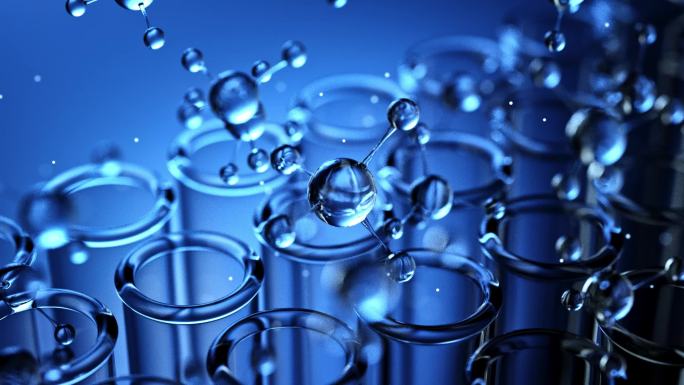 蓝色背景中的玻璃试管和分子三维动画素材