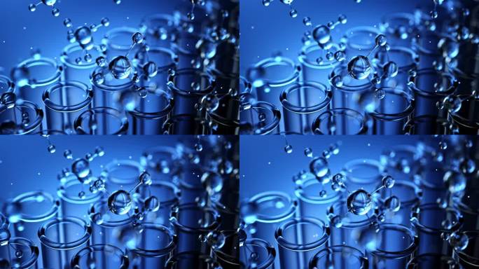 蓝色背景中的玻璃试管和分子三维动画素材