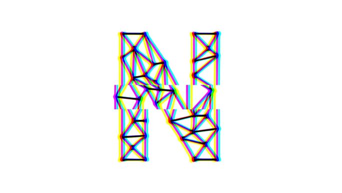 多边形字母n动画与故障效果在白色背景，4k分辨率视频，文本运动图形